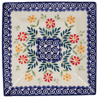 A picture of a Polish Pottery 7" Square Dessert Plate (Flower Power) | T158T-JS14 as shown at PolishPotteryOutlet.com/products/6-square-dessert-plates-flower-power