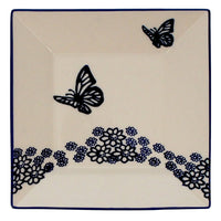 A picture of a Polish Pottery 7" Square Dessert Plate (Butterfly Garden) | T158T-MOT1 as shown at PolishPotteryOutlet.com/products/7-square-dessert-plates-butterfly-garden-t158t-mot1