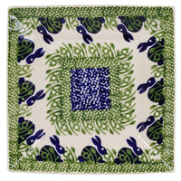 A picture of a Polish Pottery 7" Square Dessert Plate (Bunny Love) | T158T-P324 as shown at PolishPotteryOutlet.com/products/6-square-dessert-plates-bunny-love