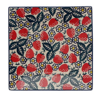 A picture of a Polish Pottery 7" Square Dessert Plate (Strawberry Fields) | T158U-AS59 as shown at PolishPotteryOutlet.com/products/7-square-dessert-plates-strawberry-fields