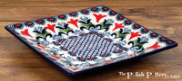 A picture of a Polish Pottery 7" Square Dessert Plate (Scandinavian Scarlet) | T158U-P295 as shown at PolishPotteryOutlet.com/products/6-square-dessert-plates-scandinavian-scarlet