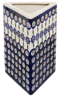 A picture of a Polish Pottery Triangular Vase (Floral Peacock) | W027T-54KK as shown at PolishPotteryOutlet.com/products/triangular-vase-floral-peacock