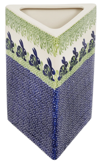 A picture of a Polish Pottery Triangular Vase (Bunny Love) | W027T-P324 as shown at PolishPotteryOutlet.com/products/triangular-vase-bunny-love