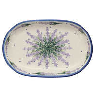 A picture of a Polish Pottery WR 7" x 11" Oval Roaster (Lavender Fields) | WR13B-BW4 as shown at PolishPotteryOutlet.com/products/7-x-11-oval-roaster-lavender-fields