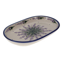 A picture of a Polish Pottery 7" x 11" Oval Roaster (Lavender Fields) | WR13B-BW4 as shown at PolishPotteryOutlet.com/products/7-x-11-oval-roaster-lavender-fields