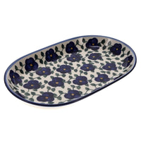 A picture of a Polish Pottery WR 7" x 11" Oval Roaster (Pansy Storm) | WR13B-EZ3 as shown at PolishPotteryOutlet.com/products/7-x-11-oval-roaster-ez3