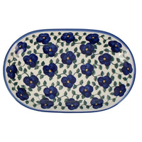 A picture of a Polish Pottery WR 7" x 11" Oval Roaster (Pansy Storm) | WR13B-EZ3 as shown at PolishPotteryOutlet.com/products/7-x-11-oval-roaster-ez3