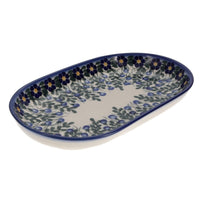 A picture of a Polish Pottery WR 7" x 11" Oval Roaster (Modern Blue Cascade) | WR13B-GP1 as shown at PolishPotteryOutlet.com/products/7-x-11-oval-roaster-gp1