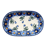 A picture of a Polish Pottery 7" x 11" Oval Roaster (Blue Daisy Wreath) | WR13B-MC2 as shown at PolishPotteryOutlet.com/products/7-x-11-oval-roaster-blue-daisy-wreath-wr13b-mc2