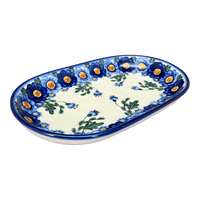 A picture of a Polish Pottery 7" x 11" Oval Roaster (Blue Daisy Wreath) | WR13B-MC2 as shown at PolishPotteryOutlet.com/products/7-x-11-oval-roaster-blue-daisy-wreath-wr13b-mc2