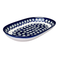 A picture of a Polish Pottery WR 7" x 11" Oval Roaster (Peacock in Line) | WR13B-SM1 as shown at PolishPotteryOutlet.com/products/7-x-11-oval-roaster-peacock-in-line-wr13b-sm1