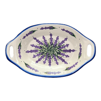 A picture of a Polish Pottery Oval Dish W/Handles (Lavender Fields) | WR13G-BW4 as shown at PolishPotteryOutlet.com/products/oval-dish-w-handles-lavender-fields-wr13g-bw4