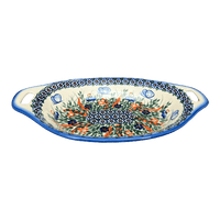 A picture of a Polish Pottery Oval Dish W/Handles (Butterfly Delight) | WR13G-PP2 as shown at PolishPotteryOutlet.com/products/oval-dish-w-handles-butterfly-delight-wr13g-pp2