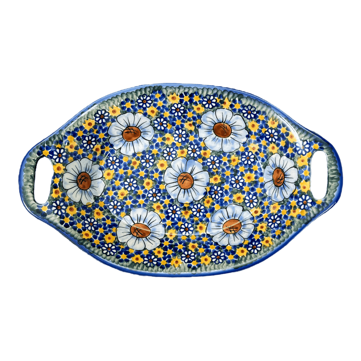 Platter, Oval, Handles, 12.5" x 7.75", WR (WR13G) in "Chamomile" by W.R. Ceramika | WR13G-RC4