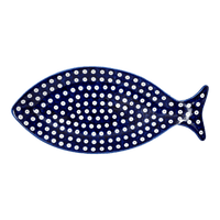 A picture of a Polish Pottery WR Fish Plate (Dot to Dot) | WR13O-SM2 as shown at PolishPotteryOutlet.com/products/fish-plate-dot-to-dot-wr13o-sm2