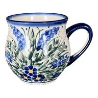 A picture of a Polish Pottery WR Small Belly Mug (Delphinium Spray) | WR14N-BW3 as shown at PolishPotteryOutlet.com/products/small-belly-mug-delphinium-spray-wr14n-bw3