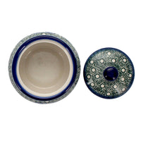 A picture of a Polish Pottery Round Covered Container (Winter Cabin) | WR31I-AB1 as shown at PolishPotteryOutlet.com/products/round-covered-container-ab1
