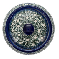 A picture of a Polish Pottery Round Covered Container (Winter Cabin) | WR31I-AB1 as shown at PolishPotteryOutlet.com/products/round-covered-container-ab1
