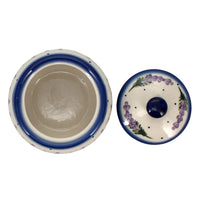 A picture of a Polish Pottery Round Covered Container (Lavender Fields) | WR31I-BW4 as shown at PolishPotteryOutlet.com/products/round-covered-container-lavender-fields