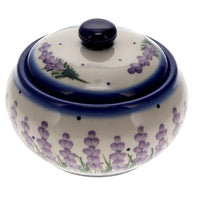 A picture of a Polish Pottery WR Round Covered Container (Lavender Fields) | WR31I-BW4 as shown at PolishPotteryOutlet.com/products/round-covered-container-lavender-fields