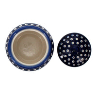 A picture of a Polish Pottery Round Covered Container (Dot to Dot) | WR31I-SM2 as shown at PolishPotteryOutlet.com/products/round-covered-container-dot-to-dot