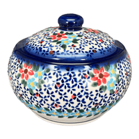 A picture of a Polish Pottery Round Covered Container (Dancing Flowers) | WR31I-WR39 as shown at PolishPotteryOutlet.com/products/round-covered-container-dancing-flowers-wr31i-wr39