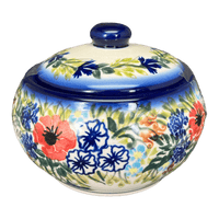 A picture of a Polish Pottery Round Covered Container (Wildflower Bouquet) | WR31I-WR71 as shown at PolishPotteryOutlet.com/products/round-covered-container-wildflower-bouquet-wr31i-wr71