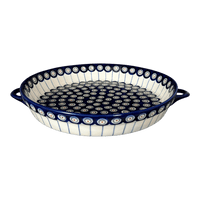 A picture of a Polish Pottery WR 11" Round Casserole Dish With Handles (Peacock in Line) | WR52C-SM1 as shown at PolishPotteryOutlet.com/products/11-round-casserole-dish-with-handles-peacock-in-line-wr52c-sm1