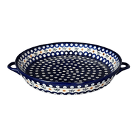A picture of a Polish Pottery WR 11" Round Casserole Dish With Handles (Mosquito) | WR52C-SM3 as shown at PolishPotteryOutlet.com/products/11-round-casserole-dish-with-handles-mosquito-wr52c-sm3