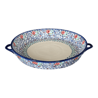 A picture of a Polish Pottery WR 11" Round Casserole Dish With Handles (Dancing Flowers) | WR52C-WR39 as shown at PolishPotteryOutlet.com/products/11-round-casserole-dish-with-handles-dancing-flowers-wr52c-wr39