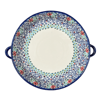 A picture of a Polish Pottery WR 11" Round Casserole Dish With Handles (Dancing Flowers) | WR52C-WR39 as shown at PolishPotteryOutlet.com/products/11-round-casserole-dish-with-handles-dancing-flowers-wr52c-wr39