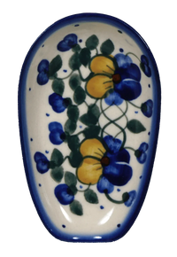 A picture of a Polish Pottery WR 3.5" x 5" Spoon Rest (Pansy Wreath) | WR55D-EZ2 as shown at PolishPotteryOutlet.com/products/spoon-rest-ez2