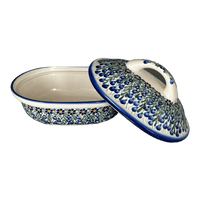 A picture of a Polish Pottery Covered Oval Baker (Modern Blue Cascade) | WR60A-GP1 as shown at PolishPotteryOutlet.com/products/covered-oval-baker-modern-blue-cascade-wr60a-gp1