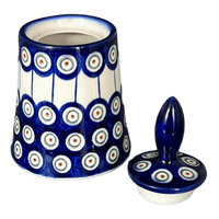 A picture of a Polish Pottery Opus Sugar Bowl (Peacock in Line) | WR9D-SM1 as shown at PolishPotteryOutlet.com/products/opus-sugar-bowl-peacock-in-line