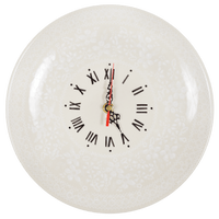 A picture of a Polish Pottery 10" Round Plate Wall Clock (Duet in Lace) | Z144S-SB02 as shown at PolishPotteryOutlet.com/products/10-round-plate-wall-clock-duet-in-lace