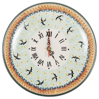 A picture of a Polish Pottery 10" Round Plate Wall Clock (Capistrano) | Z144S-WK59 as shown at PolishPotteryOutlet.com/products/10-round-plate-wall-clock-capistrano