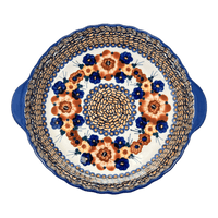 A picture of a Polish Pottery Pie Plate with Handles (Bouquet in a Basket) | Z148S-JZK as shown at PolishPotteryOutlet.com/products/pie-plate-with-handles-bouquet-in-a-basket