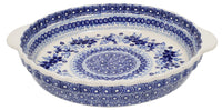 A picture of a Polish Pottery Pie Plate with Handles (Duet in Blue) | Z148S-SB01 as shown at PolishPotteryOutlet.com/products/pie-plate-with-handles-duet-in-blue-1