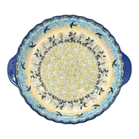 A picture of a Polish Pottery Pie Plate with Handles (Soaring Swallows) | Z148S-WK57 as shown at PolishPotteryOutlet.com/products/pie-plate-with-handles-soaring-swallows