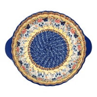 A picture of a Polish Pottery Pie Plate with Handles (Butterfly Bliss) | Z148S-WK73 as shown at PolishPotteryOutlet.com/products/pie-plate-with-handles-butterfly-bliss