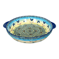 A picture of a Polish Pottery Pie Plate with Handles (Butterflies in Flight) | Z148S-WKM as shown at PolishPotteryOutlet.com/products/pie-plate-with-handles-butterflies-in-flight