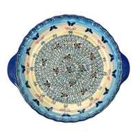 A picture of a Polish Pottery Pie Plate with Handles (Butterflies in Flight) | Z148S-WKM as shown at PolishPotteryOutlet.com/products/pie-plate-with-handles-butterflies-in-flight