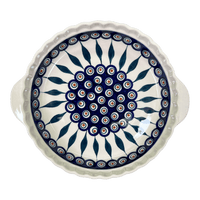 A picture of a Polish Pottery Pie Plate with Handles (Peacock) | Z148T-54 as shown at PolishPotteryOutlet.com/products/pie-plate-with-handles-peacock