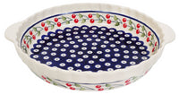 A picture of a Polish Pottery Pie Plate with Handles (Cherry Dot) | Z148T-70WI as shown at PolishPotteryOutlet.com/products/pie-plate-with-handles-cherry-dot