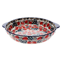 A picture of a Polish Pottery Pie Plate with Handles (Strawberry Fields) | Z148U-AS59 as shown at PolishPotteryOutlet.com/products/pie-plate-with-handles-strawberry-fields