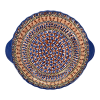 A picture of a Polish Pottery Pie Plate with Handles (Butterfly) | Z148U-KLM as shown at PolishPotteryOutlet.com/products/pie-plate-with-handles-butterfly