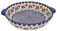 A picture of a Polish Pottery Pie Plate with Handles (Scandinavian Scarlet) | Z148U-P295 as shown at PolishPotteryOutlet.com/products/pie-plate-with-handles-scandinavian-scarlet