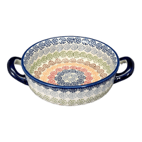 A picture of a Polish Pottery Small Round Casserole (Speckled Rainbow) | Z153M-AS37 as shown at PolishPotteryOutlet.com/products/small-round-casserole-w-handles-speckled-rainbow-z153u-as37