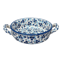 A picture of a Polish Pottery Small Round Casserole (Scattered Blues) | Z153S-AS45 as shown at PolishPotteryOutlet.com/products/small-round-casserole-w-handles-scattered-blues-z153s-as45