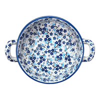 A picture of a Polish Pottery Small Round Casserole (Scattered Blues) | Z153S-AS45 as shown at PolishPotteryOutlet.com/products/small-round-casserole-w-handles-scattered-blues-z153s-as45